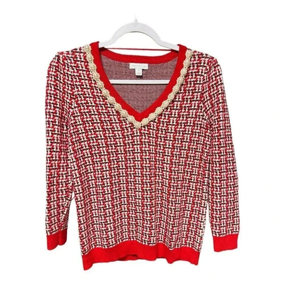 Charter Club Women's Size Small Imitation Pearl-Neck Red black Holiday Sweater - Picture 1 of 6